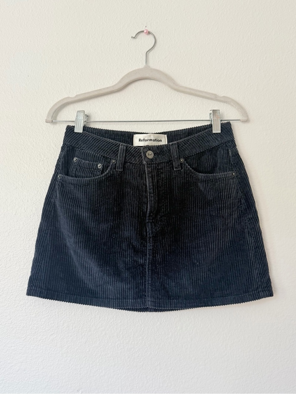Reformation Black Corduroy A‑Line Mini Skirt